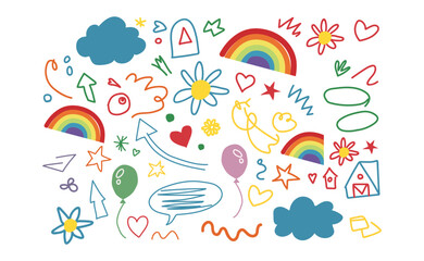 Cute hand drawn rainbow and doodle icons for kids
