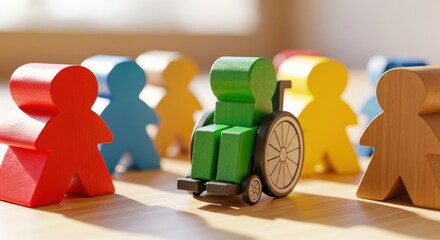 Wooden figures of different colors depict diversity and inclusion. Group includes person in wheelchair. Concept of equality support teamwork society. Social topics, human rights and business.