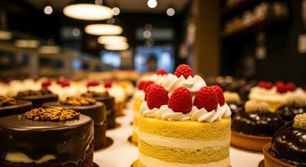 Delicious cakes displayed in pastry shop. Various types of cakes on glass shelves. Sweet treats with cream, fruits showcased. Bakery business offers tempting selection of desserts. Popular cafe