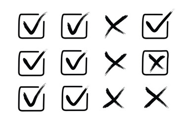 Hand drawn checkmark and cross icons with brush stroke tick box clipart set