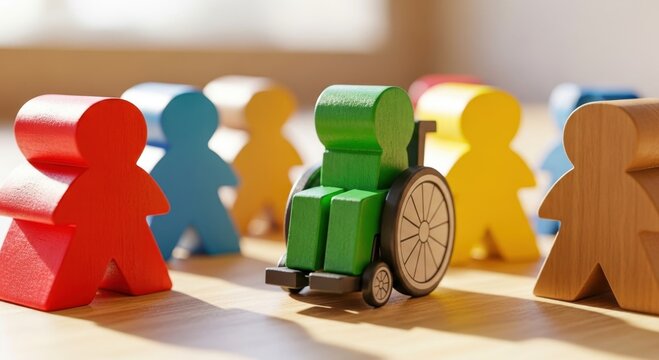 Wooden figures of different colors depict diversity and inclusion. Group includes person in wheelchair. Concept of equality support teamwork society. Social topics, human rights and business.