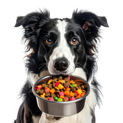 A hungry Border Collie patiently holds a full bowl of colorful dry dog food against a black background.