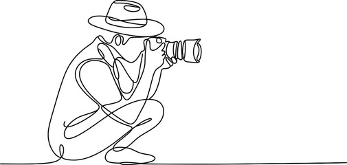Continuous line drawing of a crouched photographer wearing a hat, holding a camera and taking a picture, minimalist vector illustration Vector, illustration