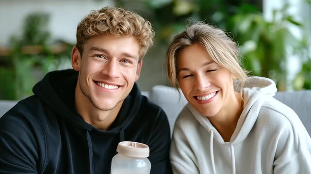 Post-home-workout recovery mum and young adult sipping whey protein on sofa, relaxed smiles, plant-filled living room, with copy space