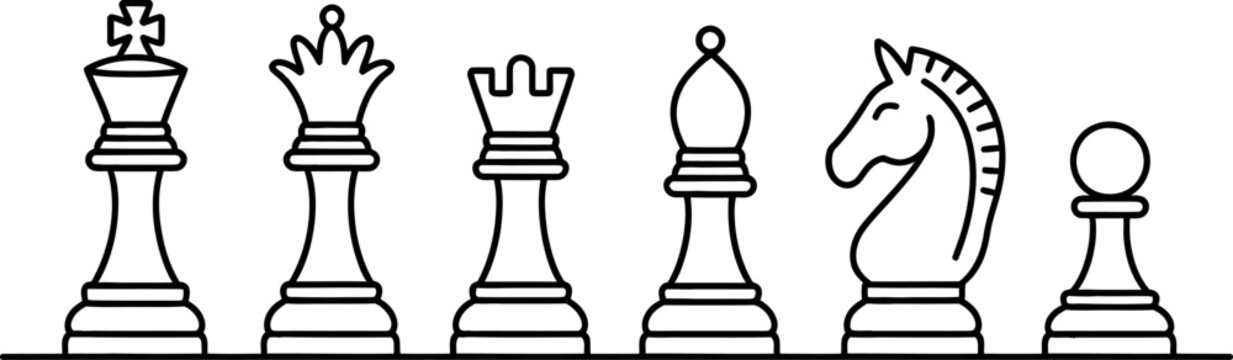 Minimalist black outline chess pieces set on white background, including king, queen, rook, bishop, knight, and pawn for strategy game. Vector, illustration