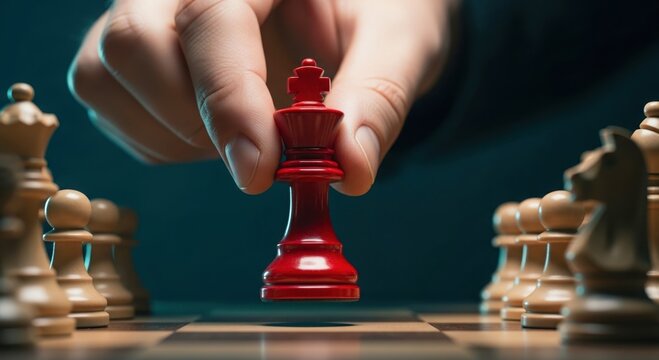 Person strategically places red chess king piece on chessboard. Teams compete for advantage. Business leader makes decision for innovation in customer-centric approach. Competitive business strategy