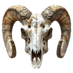 A detailed frontal view of a weathered bighorn sheep skull with magnificent curled horns set against a stark black background.