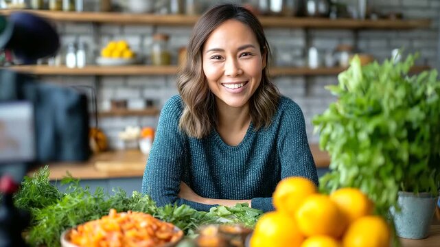 Diet vlogger Asian woman giving HDL meal plan on phone live, ring light, ingredient cards, friendly coaching tone, with copy space