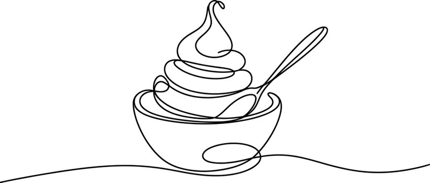 Continuous line art drawing of a delicious swirled soft serve ice cream or frozen yogurt in a bowl with a spoon, minimalist design element. Vector, illustration
