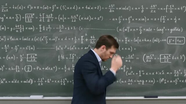 Professor contemplating complex mathematical equations on a blackboard, scratching his head in thought. Lockdown shot.