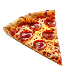 A perfect slice of pepperoni pizza isolated on a stark black background.