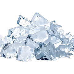 A pile of sharp, transparent ice cubes against a stark black background.