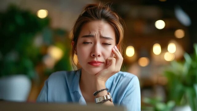 Frustrated Asian woman at home with lagging video call, Wi-Fi error overlay, buffering bar, remote work stress moment, with copy space