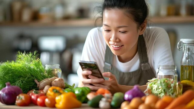 Diet vlogger coach Asian woman on mobile live sharing HDL recipe plan, bright kitchen, ingredient flat lay, upbeat smile, with copy space