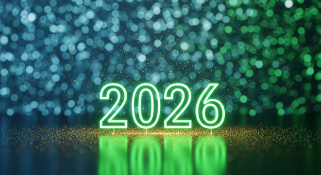 Glowing number 2026 over blurred light and particle background. Symbolizes upcoming new year, digital age, future trends, and technological advancement