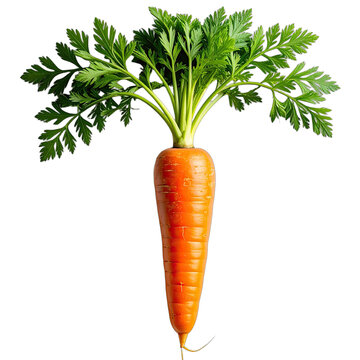 A vibrant orange carrot with lush green tops isolated against a solid black background.