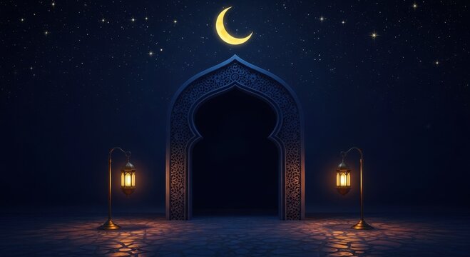 Ramadan Iftar invitation mockup. Blank space. Lanterns crescent moons stars. Deep blue background. Graphic design template. Festive Muslim event. Holiday greeting card. Ramadan Kareem. Eid Mubarak.