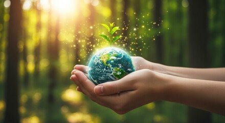 Hand holds a green globe with leaves and network connections. Earth planet eco concept of ecology, environment, nature, conservation, technology. Sustainable development, global warming, save world.