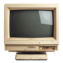 A vintage, beige CRT computer monitor isolated against a black background.