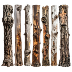 A collection of seven distinct vertical tree trunk sections displaying varied bark textures and colors against a solid black background.