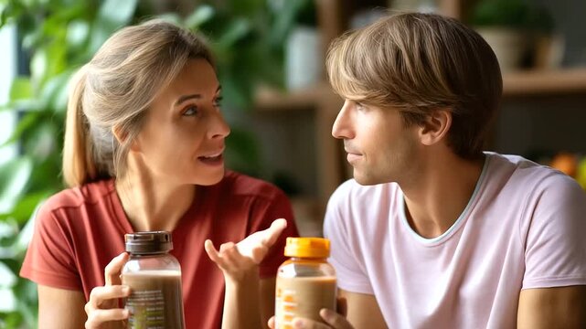 Post-workout recovery at home mum and young adult sharing whey protein shake bottles, relaxed smiles, healthy diet routine, with copy space