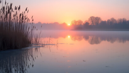 Panoramic Misty Winter Sunrise Over Frozen Lake — Minimalist Pastel Sky, Reeds & Reflections, Calm Background for Meditation App or Landing Page