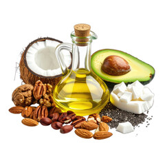 A selection of healthy fats including various nuts, avocado, coconut, and oil on a black background.