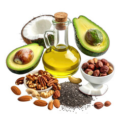 A collection of healthy fats including avocado, coconut, various nuts, seeds, and oil.