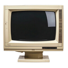 A vintage, beige CRT computer monitor isolated on a black background.