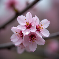Obraz premium Macro Pink Cherry Blossom Sakura with Water Droplet, Mother's Day