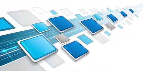Abstract technological background with blue and grey squares and rectangles, suggesting data flow, digital communication, or modern design, receding into the distance, isolated on white background
