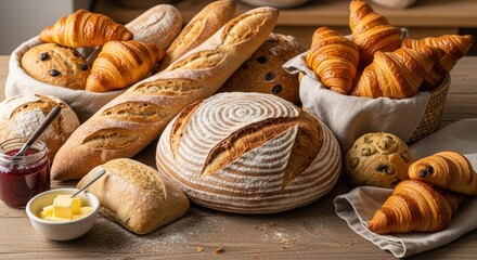 Assortment of freshly baked breads and pastries on a wooden surface