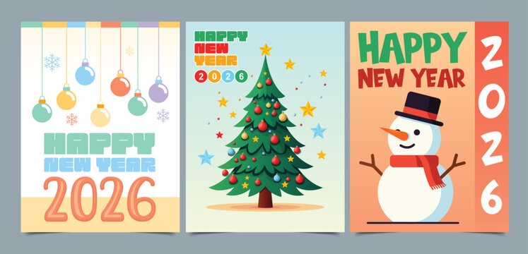 Three new year greeting cards featuring christmas ornaments tree and snowman for the year twenty twenty six