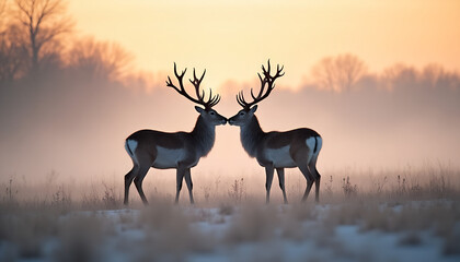 Backlit Deer Bucks Touching Noses &mdash; Winter Sunrise Silhouette, Panoramic Romantic Greeting Card Background