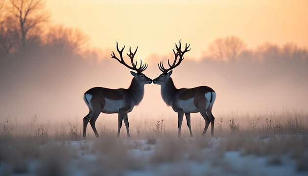 Backlit Deer Bucks Touching Noses — Winter Sunrise Silhouette, Panoramic Romantic Greeting Card Background - Powered by Adobe