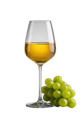 A pristine bell-shaped crystal white wine glass filled with golden-hued wine and condensation, next to vibrant green grapes on a transparent background, still life concept of premium quality