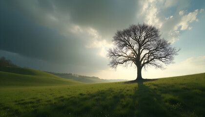 Panoramic Landscape — Silhouette Leafless Tree Sunburst on Green Rolling Hills, Teal-Blue Sky | Book Cover / Website Hero for Self-Help & Resilience