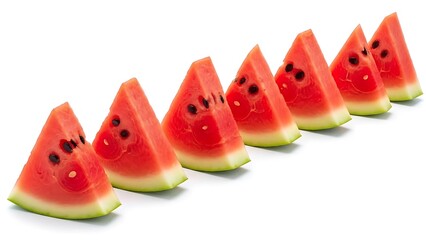 Sliced watermelon triangles arranged in a diagonal line on white isolated on white background