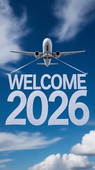 Airplane with banner and writing the phrase "Welcome 2026" in smoke in the sky. Abstract image, texture, pattern background, wallpaper, cover and screen for smartphone, PC, laptop, 9:16 and 16:9 forma