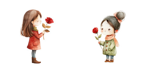 cute girl holding red rose watercolor vector illustration