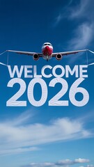 Airplane with banner and writing the phrase "Welcome 2026" in smoke in the sky. Abstract image, texture, pattern background, wallpaper, cover and screen for smartphone, PC, laptop, 9:16 and 16:9 forma