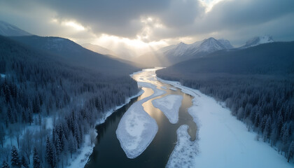 Drone aerial winter river - snowy pines & snow-capped mountains, sun rays, panoramic copy space