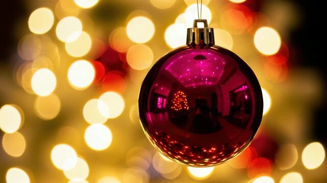 Shiny pink christmas ornament reflecting festive lights bokeh