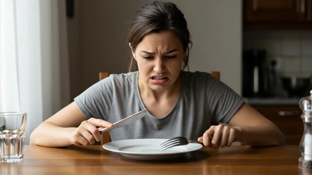 Woman expressing frustration over an empty plate in a kitchen setting. capturing the essence of disappointment and anticipation.