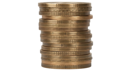 Tall stack of gold coins for financial growth. isolated on transparent background