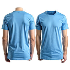 Front and back view of a man wearing a light blue athletic t-shirt against a black background.