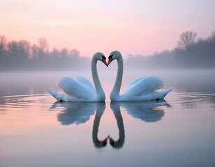 Fototapeta premium Heart-Shaped Swans on Misty Pastel Sunrise Lake — Romantic Valentine/Wedding Background with Copy Space
