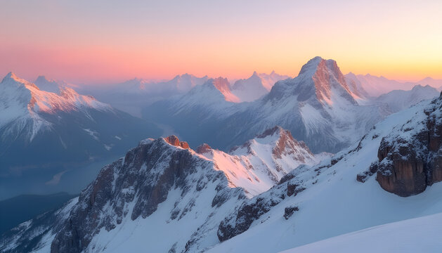 Panoramic Snow‑Covered Alpine Peaks at Sunrise — Pastel Alpenglow, Misty Valley Lake, Wide‑Angle Hero Image for Travel - Powered by Adobe