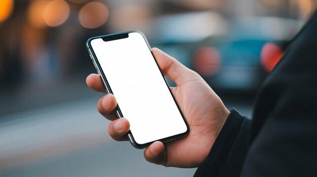 Modern smartphone in hand with blank white screen for app promotion or digital lifestyle