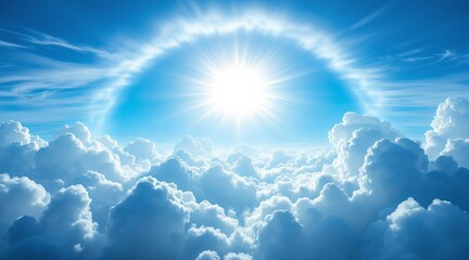 A radiant sun shines brightly above a sea of fluffy white clouds, creating a heavenly and ethereal atmosphere in the sky